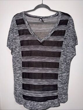 Vanity Black & Gray Striped Sheer V-Neck Tee